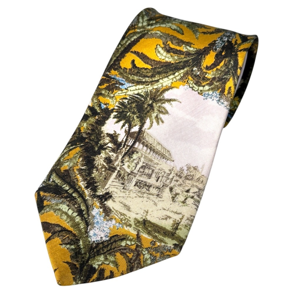 HUGO BOSS Mens Silk Tie Tropical Scene Palm Trees Botanical Print Yellow‎